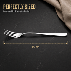 Montavo by FnS Verona stainless steel dessert fork with sleek mirror-finish handle, measuring 18 cm for everyday dining.
