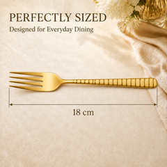 FnS Boston Stainless Steel Gold Dessert Fork from a 6 Pcs set, featuring a grooved handle and its full measured 18 cm length.