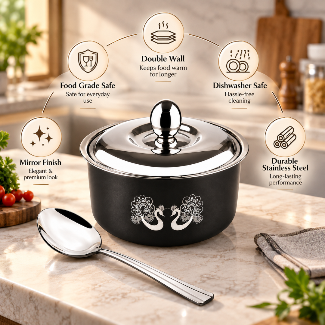 FnS Hazel 2200 ml Black Stainless Steel Casserole with Serving Spoon