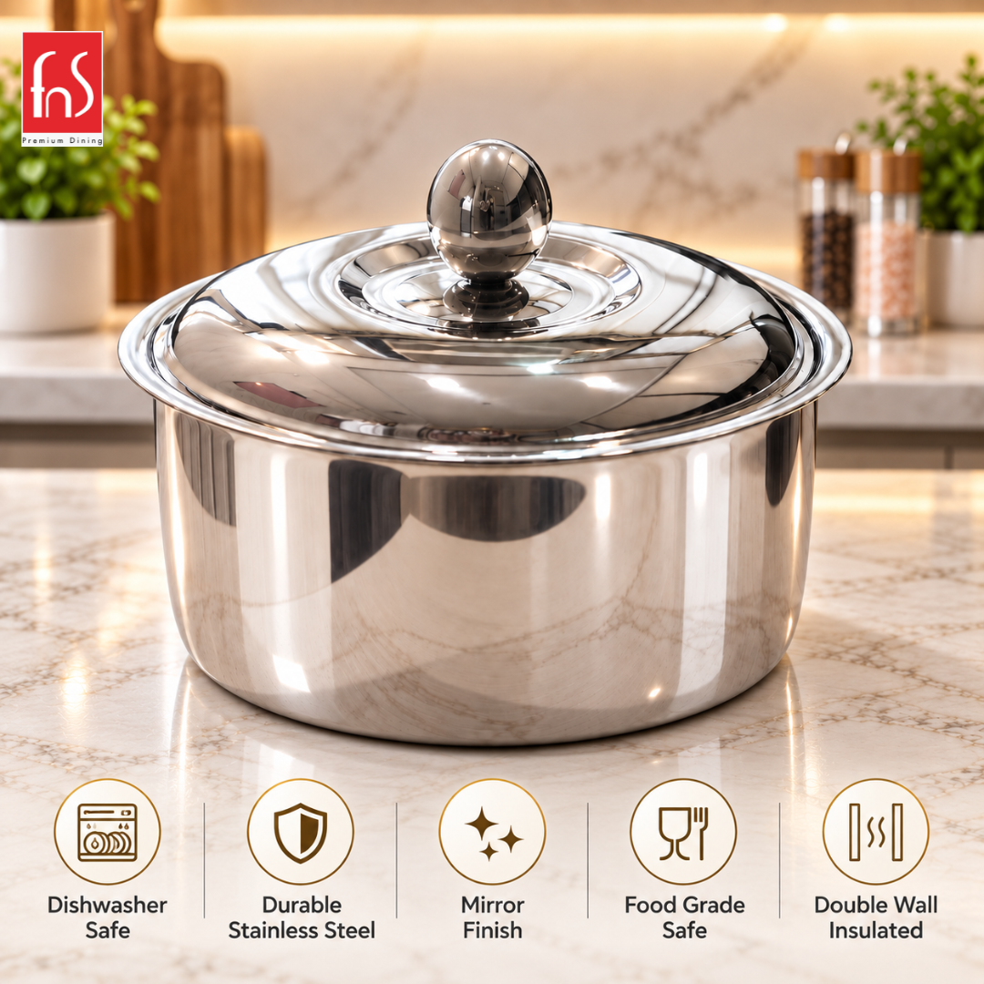FnS Crista Double Walled Mirror Finish Stainless Steel Casserole 5000ml