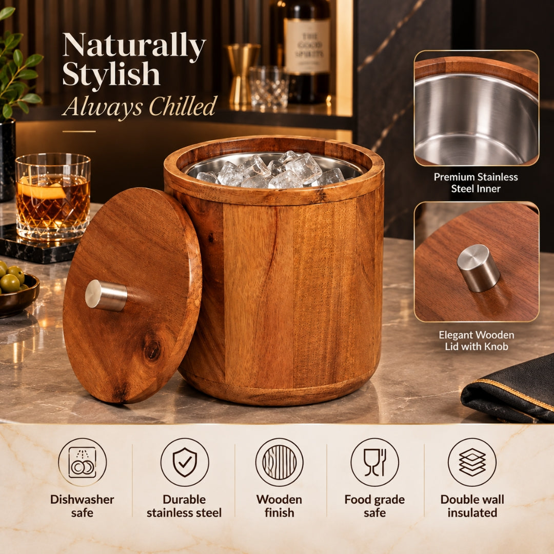 Wooden Ice Bucket – Wood & Stainless Steel Finish