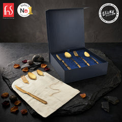 Chef Vicky Ratnani's Signature Collection By FnS Velora Stainless Steel 24 Pcs Cutlery Set with Box Pack | 6 Dinner Spoon, 6 Dinner Fork, 6 Dinner Knife/Butter Knife, 6 Teaspoon | Premium Textured Handle Design Cutlery for Home, Dining & Kitchen