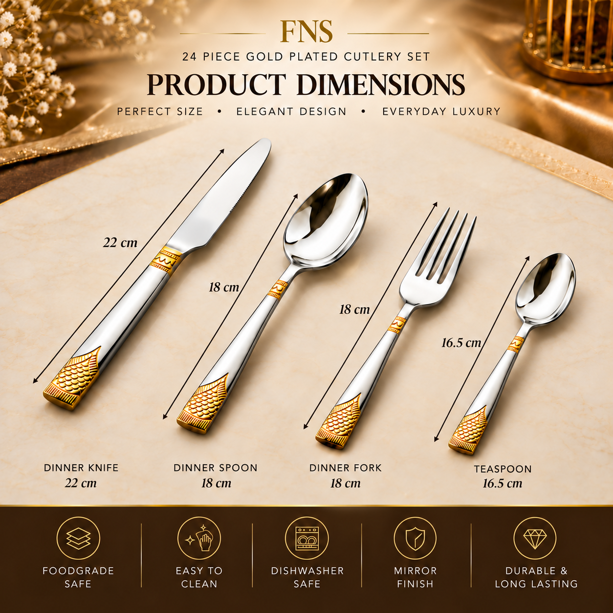 FnS August 24-Pc 24K Gold Plated Steel Cutlery Set With Stand