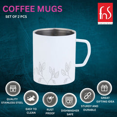 FNS Stainless Steel Coffee Mugs, with Laser Engraving - White (Set of 2)