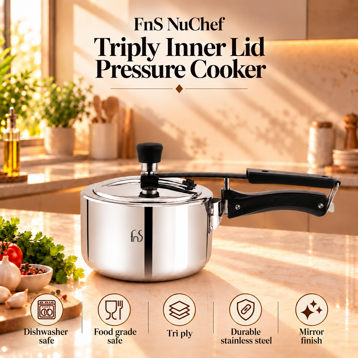 FnS NuChef Aegis Triply Inner Lid Pressure Cooker 1L