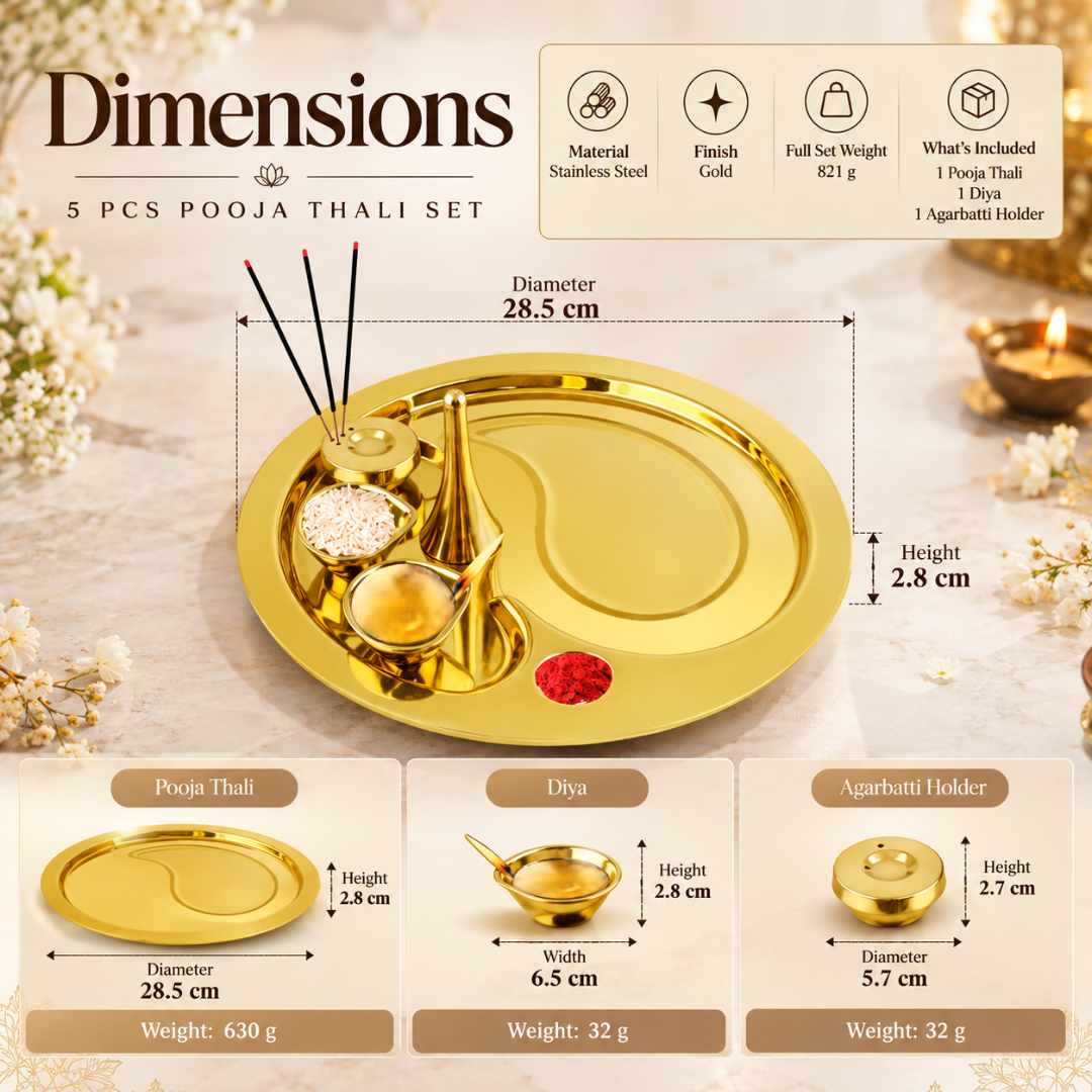 FnS Shubh 5-Pc Gold Finish Stainless Steel Pooja Thali Set