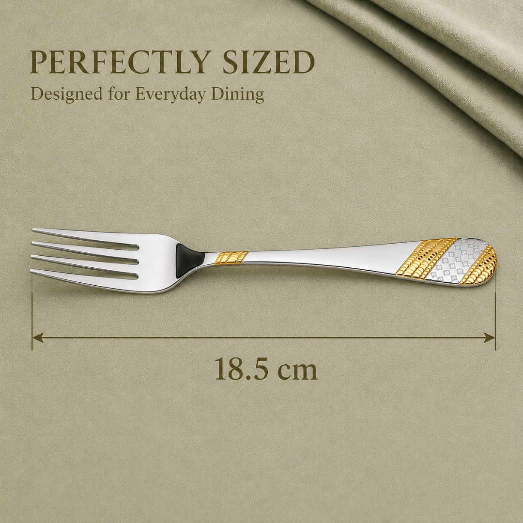FnS Imperio Fruit Fork from a set of 6 pcs, showing a silver and gold patterned handle with an 18.5 cm length indicator.
