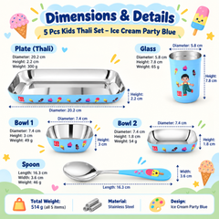 FnS Little Bites 5-Pc Stainless Steel Kids Dinner Thali Set – Ice Cream Party Blue