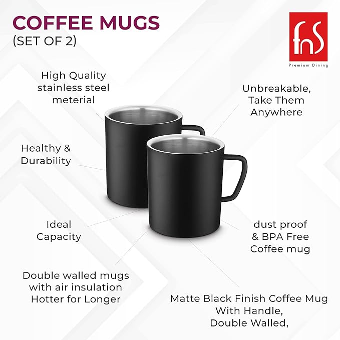 FnS Stainless Steel Coffee Mugs Black Set of 2 with double wall insulation, BPA free and matte black finish.
