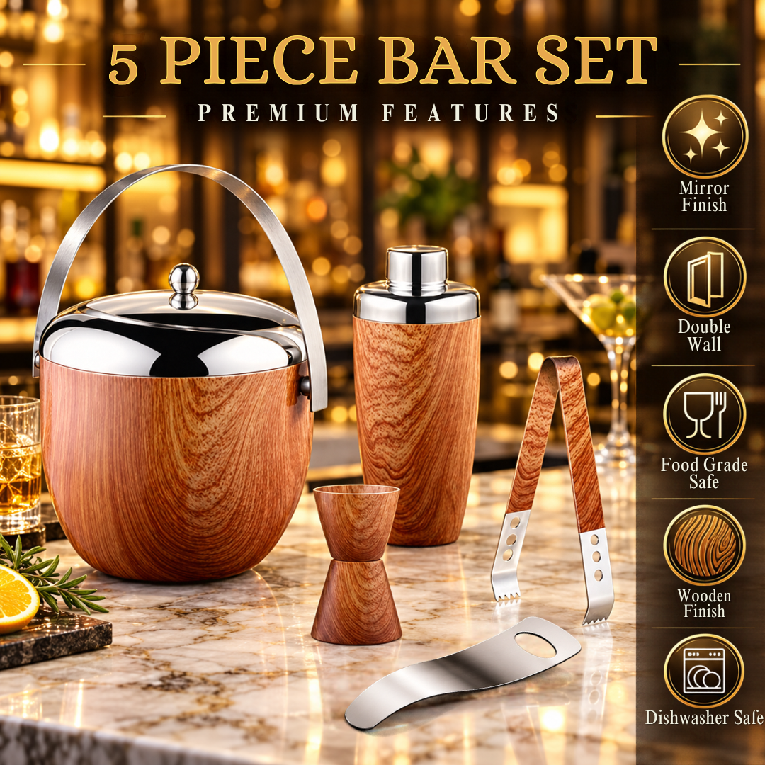 FnS 5-Pc Wooden Finish Stainless Steel Bar Set