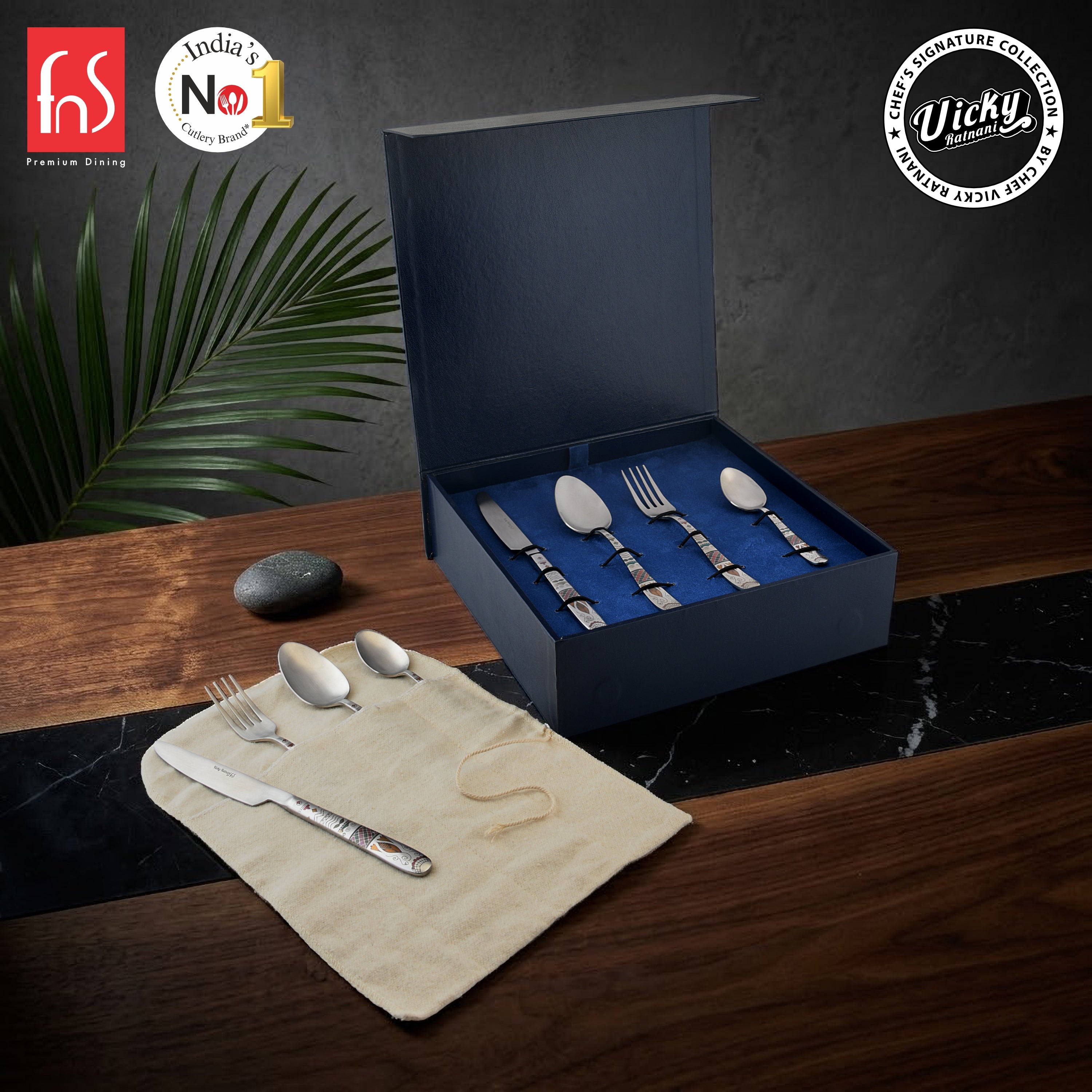 Chef Vicky Ratnani's Signature Collection By FnS Wales Stainless Steel 24 Pcs Cutlery Set with Box Pack | 6 Dinner Spoon, 6 Dinner Fork, 6 Dinner Knife/Butter Knife, 6 Teaspoon