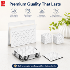 FnS Lecce – Stainless Steel Napkin Holder, Coaster & Salt & Pepper Set with White Powder Coating | Elegant Tableware Set for Dining & Kitchen Décor