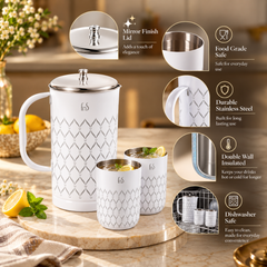 FnS Lecce 3-Pc white stainless steel water pitcher and glass set with dimensions, food-grade build and powder finish.
