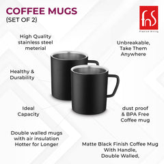 FNS Stainless Steel Coffee Mugs Black (Set of 2)