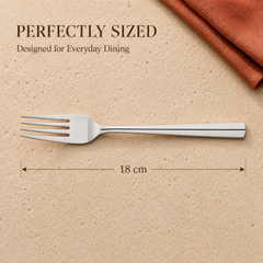 Montavo by FnS Nile stainless steel dessert fork with sleek single-line handle, measuring 18 cm for everyday dining use.
