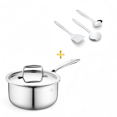 FnS Trinity Stainless Steel Serving Tools Set of 3 and NuChef Triply Suace Pan 20 cm Combo 3-Ply Cookware Pot with Gravy Ladle, Solid Turner & Skimmer Turner, Induction & Gas Compatible Kitchen Combo