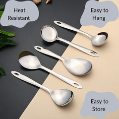 Montavo by FnS Amazon Stainless Steel Serving Tools Set of 5, 1 Rice Server, 2 Gravy Ladle(chamcha), 2 Veg Serving Spoon(Spatula)