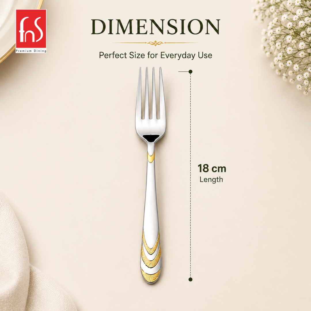 Montavo by FnS Magna 24 Karat gold plated stainless steel dinner fork shown with 18 cm length and decorative handle design