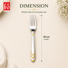Montavo by FnS Magna 24 Karat gold plated stainless steel dinner fork shown with 18 cm length and decorative handle design
