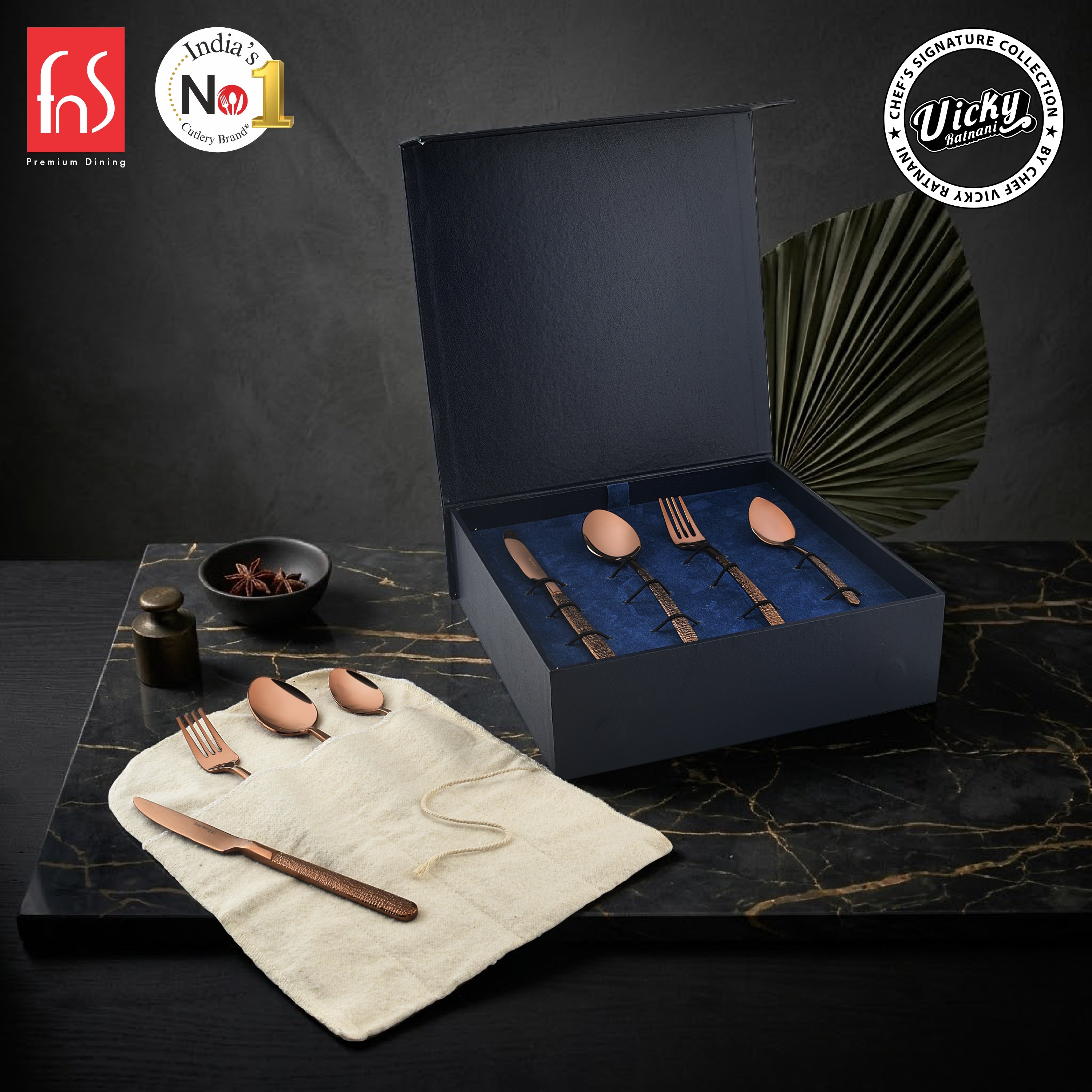 Chef Vicky Ratnani's Signature Collection By FnS Sorrento Rose Gold Stainless Steel 24 Pcs Cutlery Set with Box Pack | 6 Dinner Spoon, 6 Dinner Fork, 6 Dinner Knife/Butter Knife, 6 Teaspoon