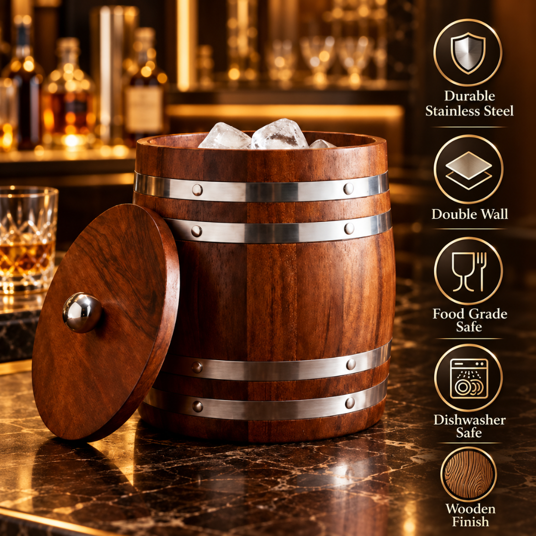 FnS Wooden Finish Stainless Steel Ice Bucket with Lid