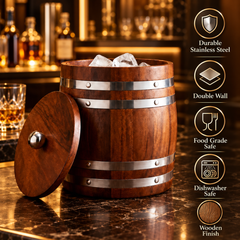 FnS Wooden Finish Stainless Steel Ice Bucket with Lid