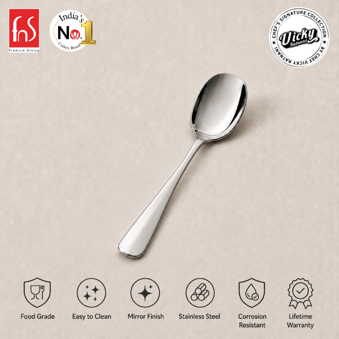 Chef Vicky Ratnani Nexa stainless steel baby spoon with mirror finish, food-grade quality and lifetime warranty.
