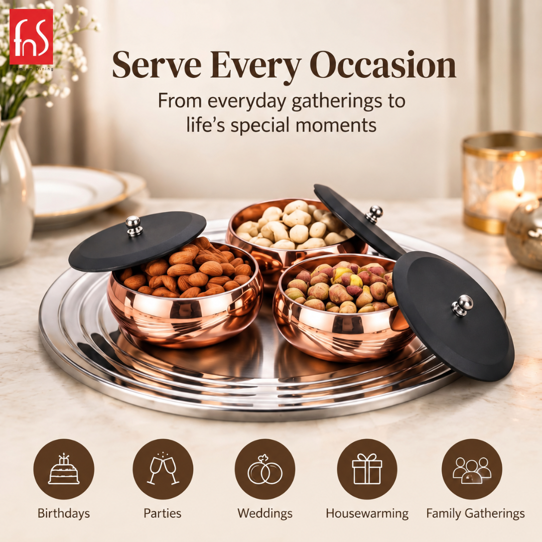 FnS Orbit Stainless Steel Serving Set for Snacks, Dry Fruits, Dessert (Rose Gold)