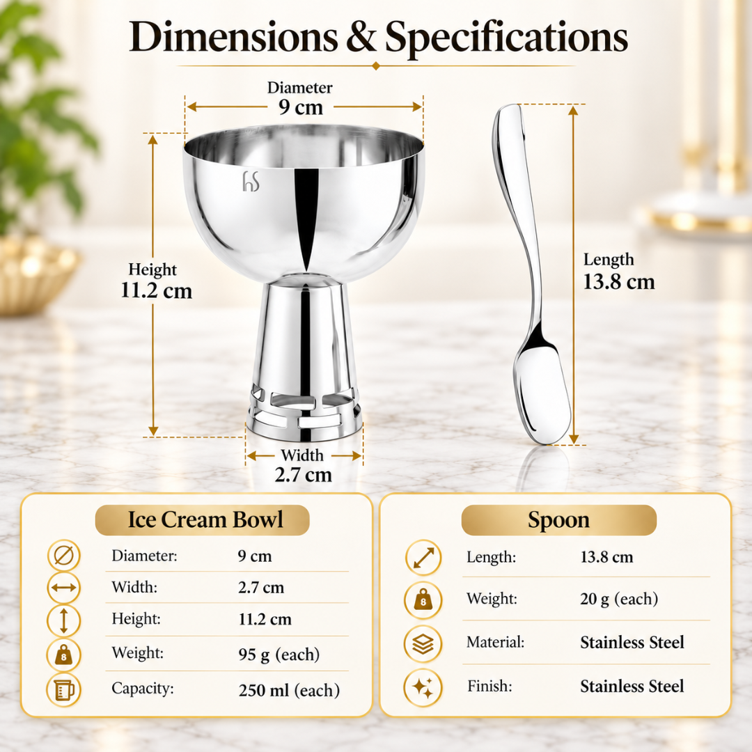 FnS Basil Stainless Steel Ice Cream Bowl & Spoon Set of 6
