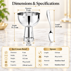 FnS Basil Stainless Steel Ice Cream Bowl & Spoon Set of 6