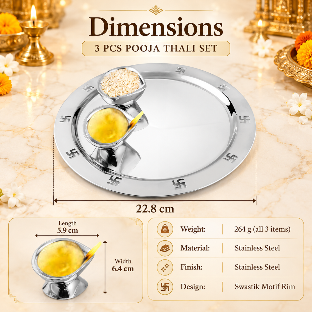 FnS Premium 3-Pc Stainless Steel Pooja Thali Set