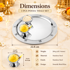 FnS Premium 3-Pc Stainless Steel Pooja Thali Set