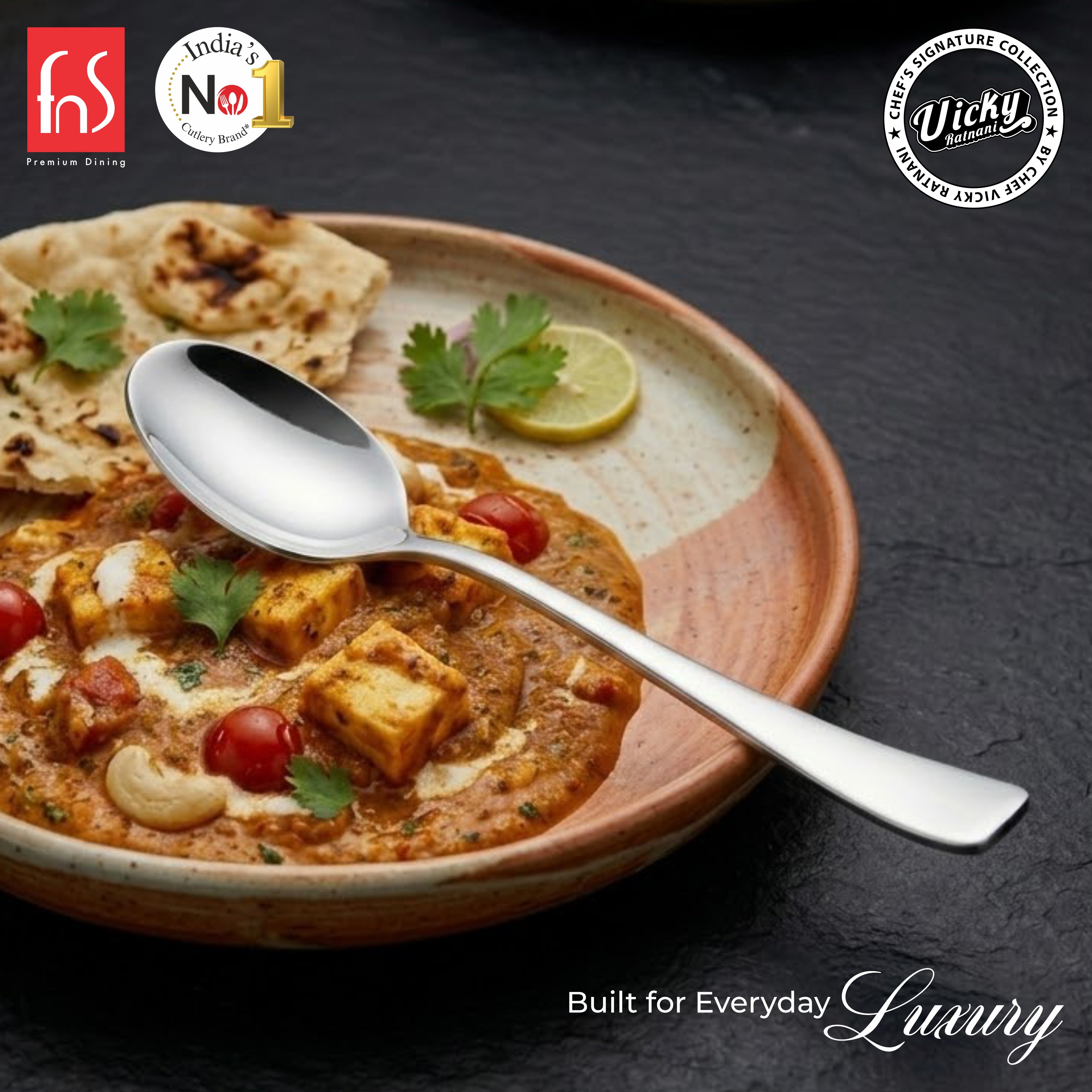Chef Vicky Ratnani's Signature Collection By FnS Nexa Stainless Steel Dessert Spoon 6 Pcs Set | Premium sleek contemporary Handle Design Cutlery for Home, Dining & Kitchen