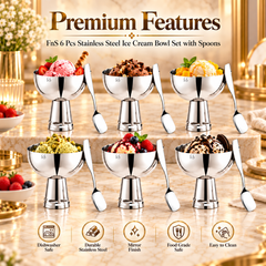 FnS Basil Stainless Steel Ice Cream Bowl & Spoon Set of 6