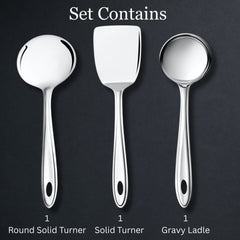 Montavo by FnS Trinity Stainless Steel Serving Tools Set of 3, 1 Gravy Ladle (chamcha), 1 Solid Turner, 1 Skimmer Turner
