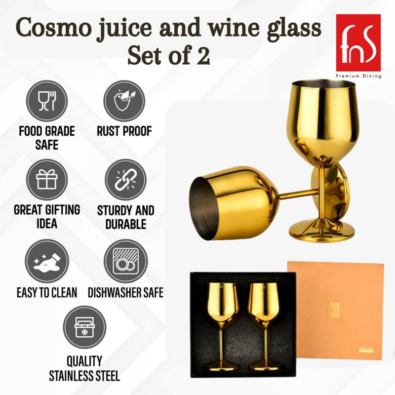 FnS Cosmo Steel Gold Finish Wine Glass (pack of 2)