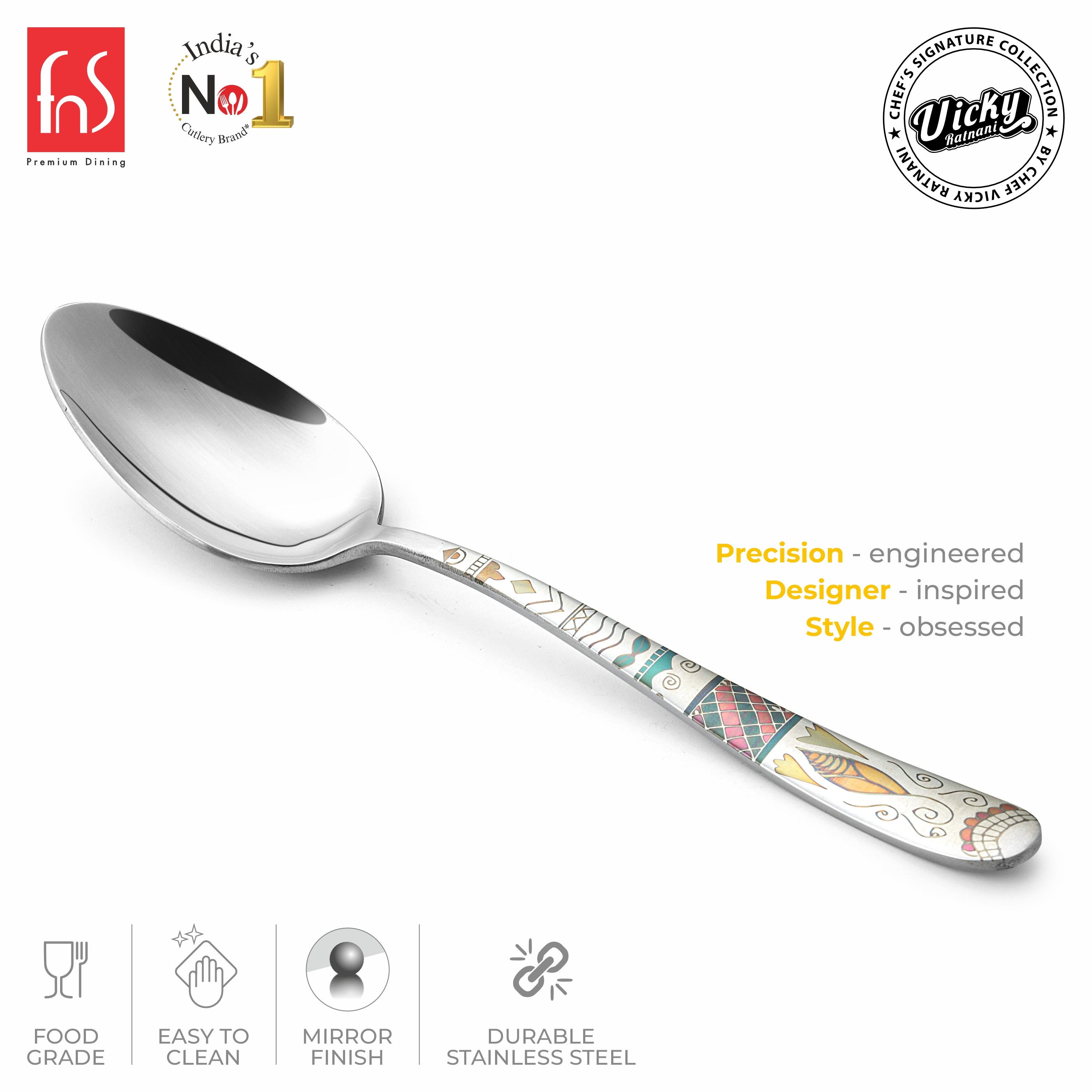 Chef Vicky Ratnani's Signature Collection By FnS Wales Stainless Steel Dessert Spoon 6 Pcs Set | Premium artistic & contemporary craftsmanship detailing Handle Design Cutlery for Home, Dining & Kitchen