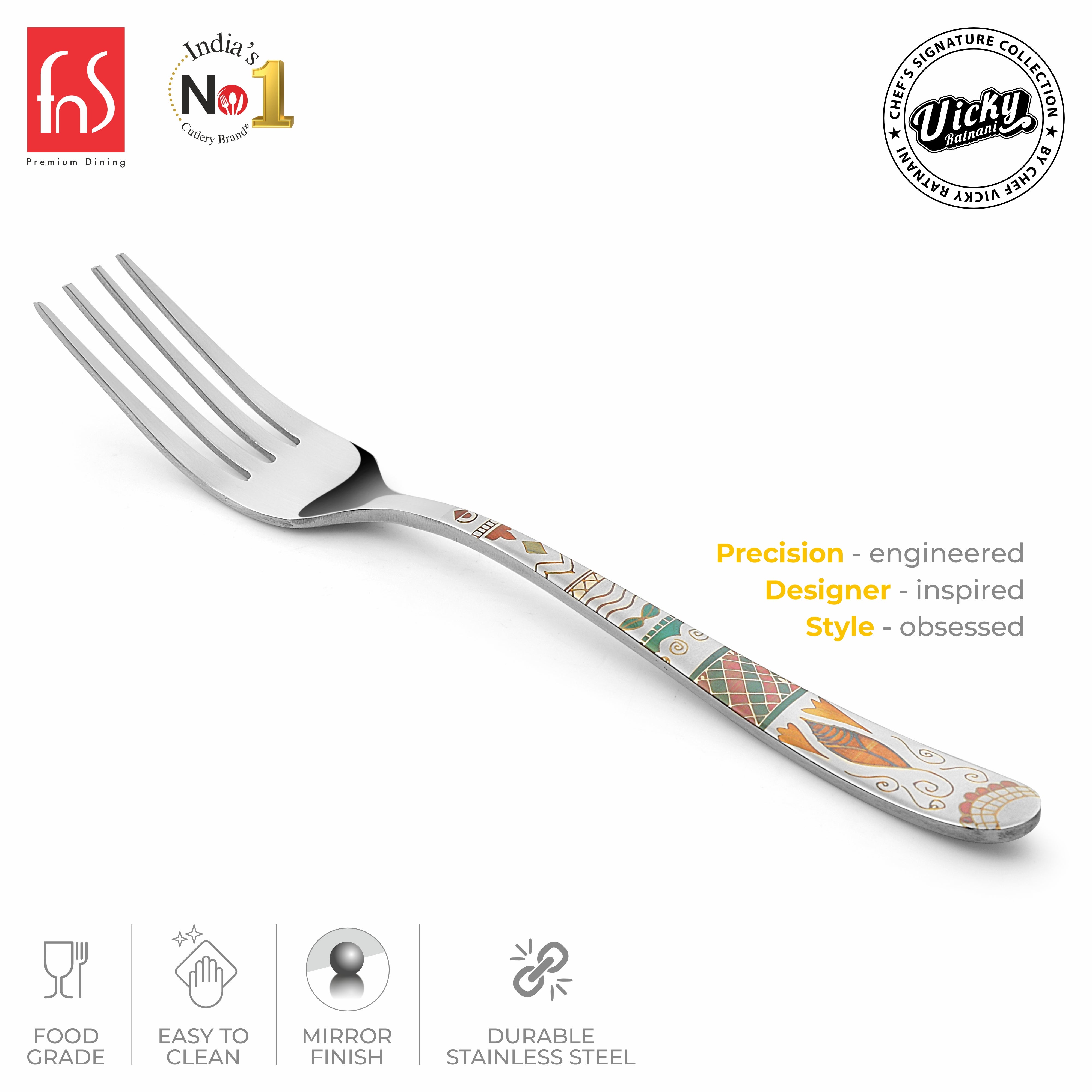 Chef Vicky Ratnani's Signature Collection By FnS Wales Stainless Steel Dessert Fork 6 Pcs Set | Premium artistic & contemporary craftsmanship detailing Handle Design Cutlery for Home, Dining & Kitchen