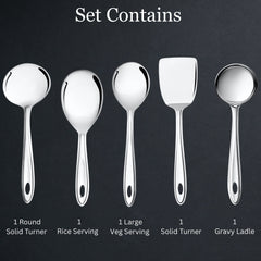 Montavo by FnS Trinity Stainless Steel Serving Tools Set of 5, 1 Rice Server, 1 Gravy Ladle, 1 Skimmer Turner, 1 Veg Serving Spoon, 1 Turner Solid