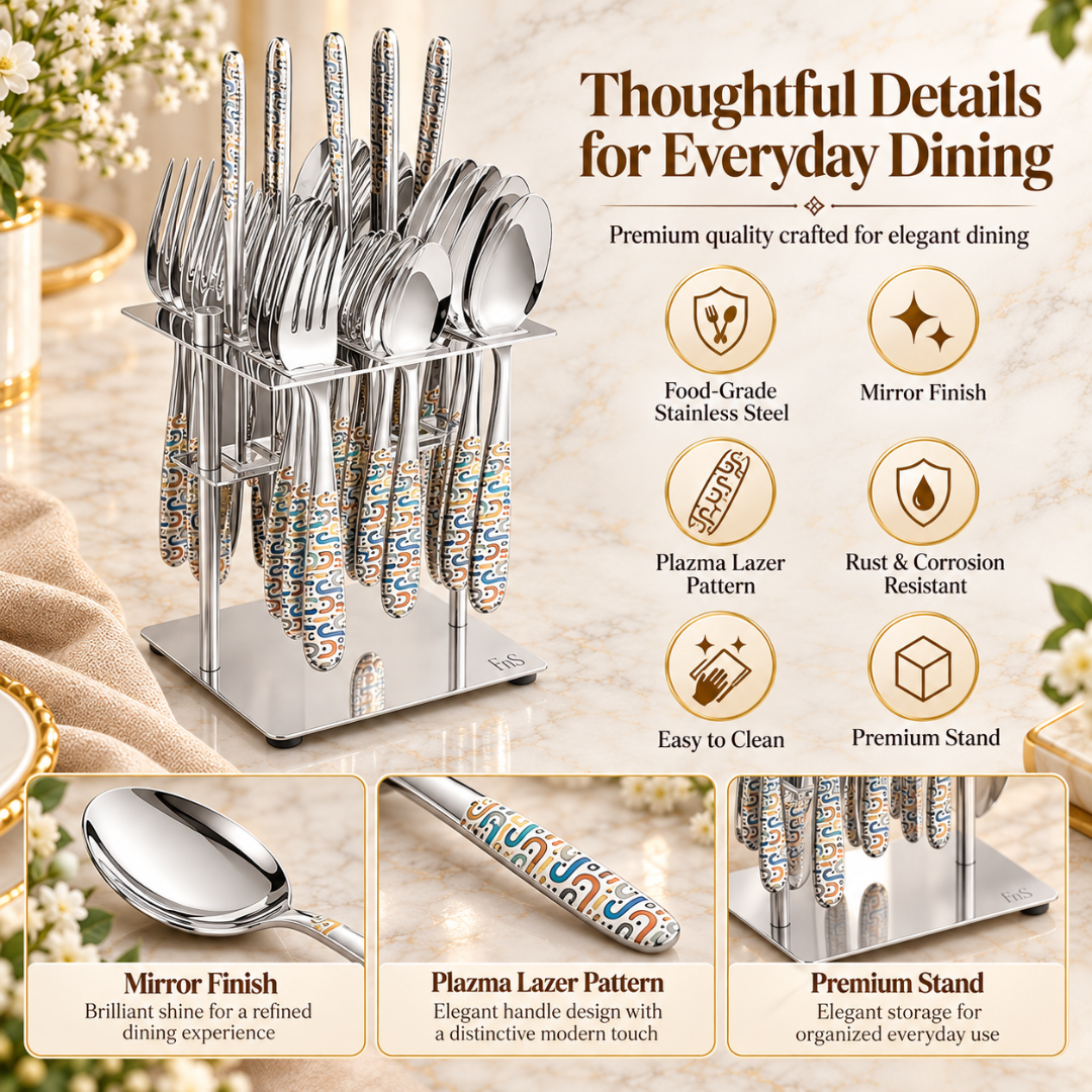 FnS Monho 24-Pc Plasma Laser Colour Steel Cutlery Set with Stand