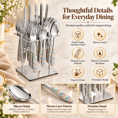 FnS Monho 24-Pc Plasma Laser Colour Steel Cutlery Set with Stand