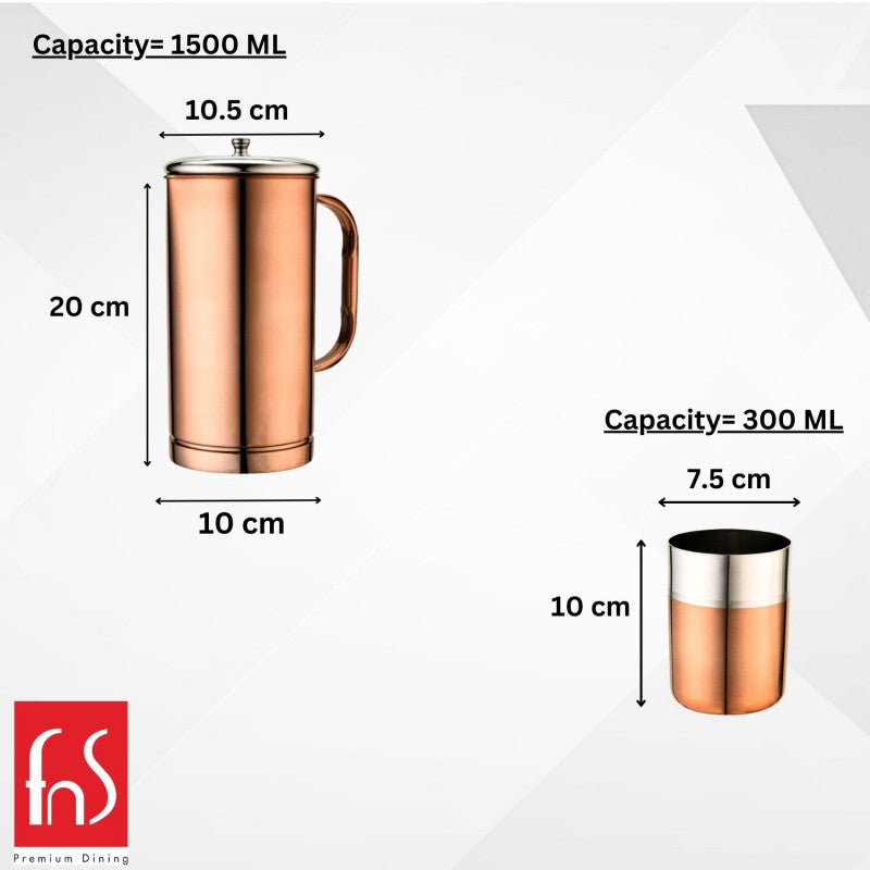 FnS Rose Gold Stainless Steel Glory Water Pitcher with lid and Glass Set of 1 Pitcher and 4 Glasses (1.5 LTR)