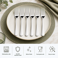 FnS Victoria 6 Pcs stainless steel dinner fork set with mirror finish, dishwasher safe and food grade safe for daily use