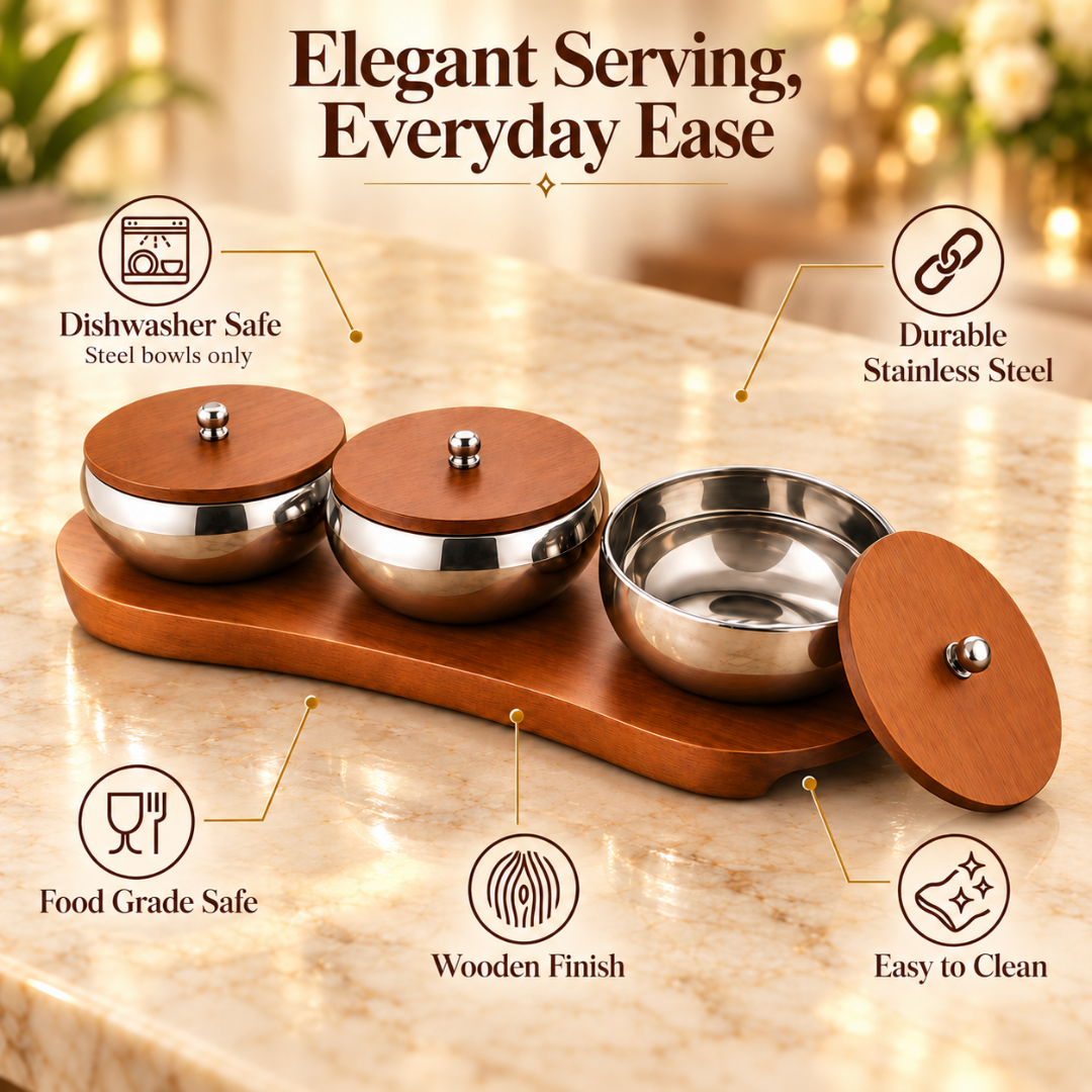 FnS Brazos 3-Pc Stainless Steel Serving Bowl Set with Lids & Tray featuring durable steel and a wooden finish design look
