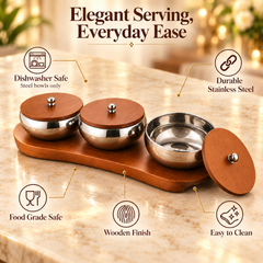 FnS Brazos 3-Pc Stainless Steel Serving Bowl Set with Lids & Tray featuring durable steel and a wooden finish design look

