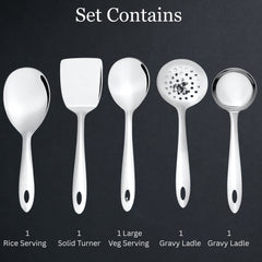 Montavo by FnS Amazon Stainless Steel Serving Tools Set of 5, 1 Rice Server, 1 Gravy Ladle(chamcha), 1 Skimmer Turner(Karchhi), 1 Veg Serving Spoon(Spatula), 1 Turner Solid(Palta)