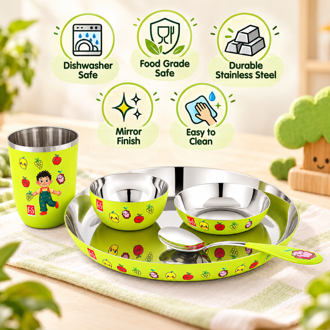 FnS Little Bites 5-Pc Stainless Steel Kids Dinner Thali Set – Mighty Fruit Green