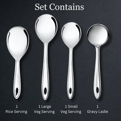 Montavo by FnS Trinity Stainless Steel Serving Tools Set of 4, 1 Gravy Ladle (chamcha), 1 Rice Server, 1 Veg Serving Spoon (Medium), 1 Veg Serving Spoon (Small)