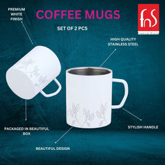 FNS Stainless Steel Coffee Mugs, with Laser Engraving - White (Set of 2)