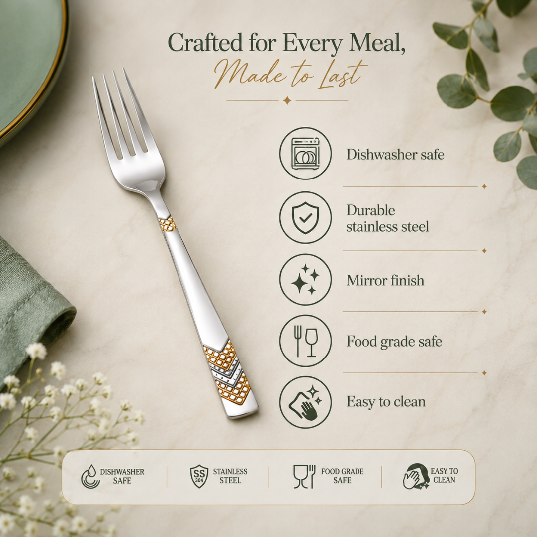 FnS RAGA 24K gold plated stainless steel fruit fork with mirror finish, dishwasher safe, food grade safe and easy to clean